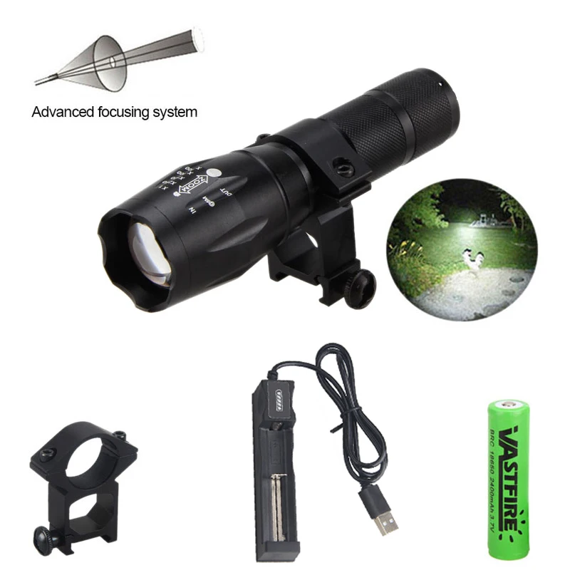 

6000LM Zoomalbe Led Weapon Gun Light Tactical Hunting Flashlight 7 Modes+Rifle Scope Rail Mount+Switch+18650+Charger