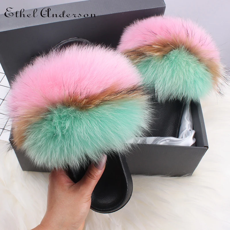 Wholesale Real Fox Fur Slippers Slides Summer Plus Flip Flops High Quality Soft Raccoon Fur Sandals Shoes