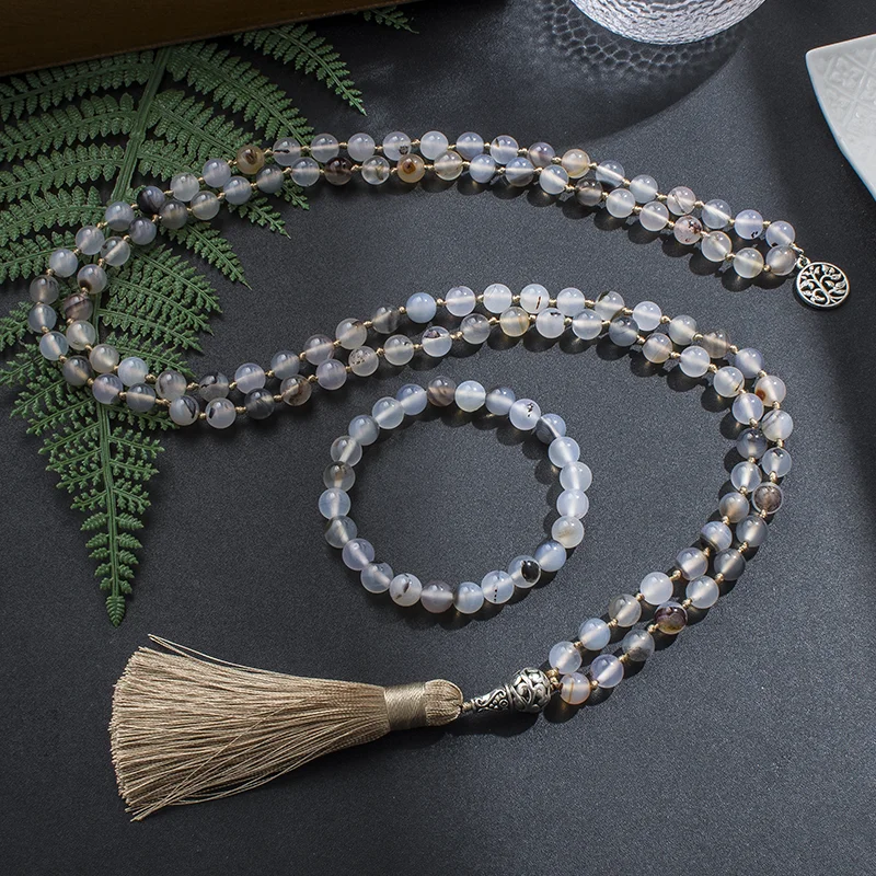 8mm Natural White Black Flower Agate Beaded Knotted Mala Necklace Meditation Yoga Spirit Jewelry 108 Japamala Woman Rosary