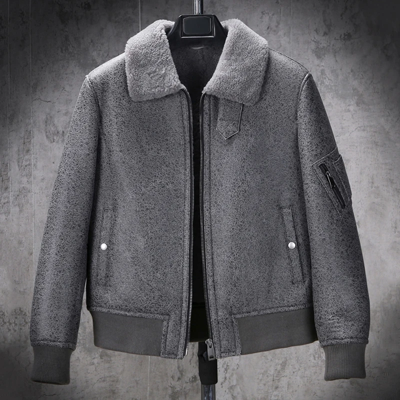 New Shearling Coat Mens B3 Bomber Jacket Grey Fur Coat Mens Winter Coats Genuine Leather Jacket Short Sheepskin Coat