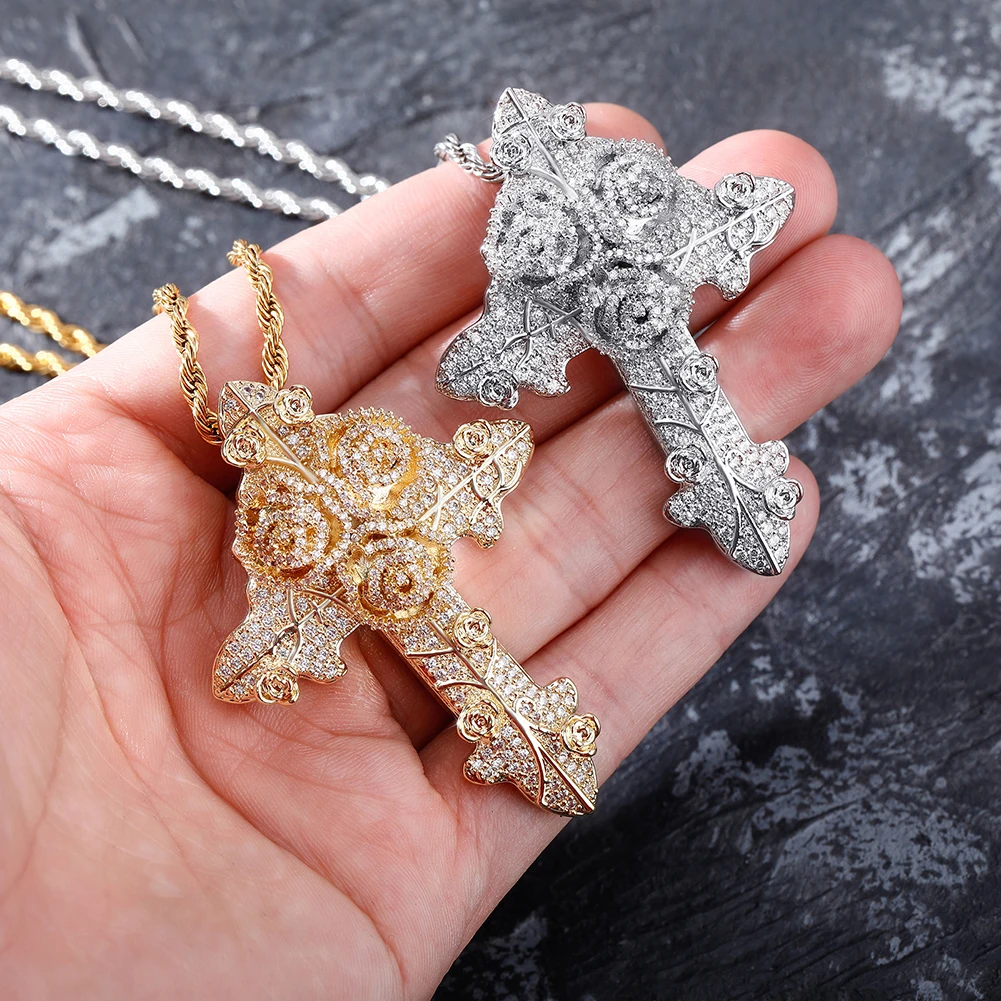 TOPGRILLZ New Rose Cross CZ Pendant Necklace High Quality Iced Out Bling Bling Pendant Hip Hop Rappers Jewelry For Gift Party