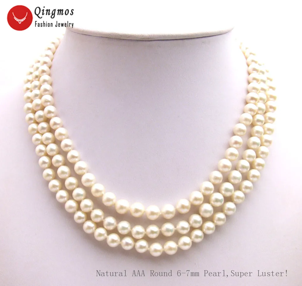 Qingmos Natural AAA Grade Round 6-7MM Freshwater White Pearl Necklace for Women with 14K Gold Clasp 3 Strand 17-19