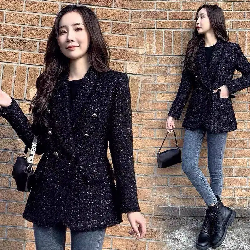 Winter Women Fashion Tweed Double Breasted Black Blazer Coat Vintage Long Sleeve Flap Pockets Female Outerwear Chic Suit Femme