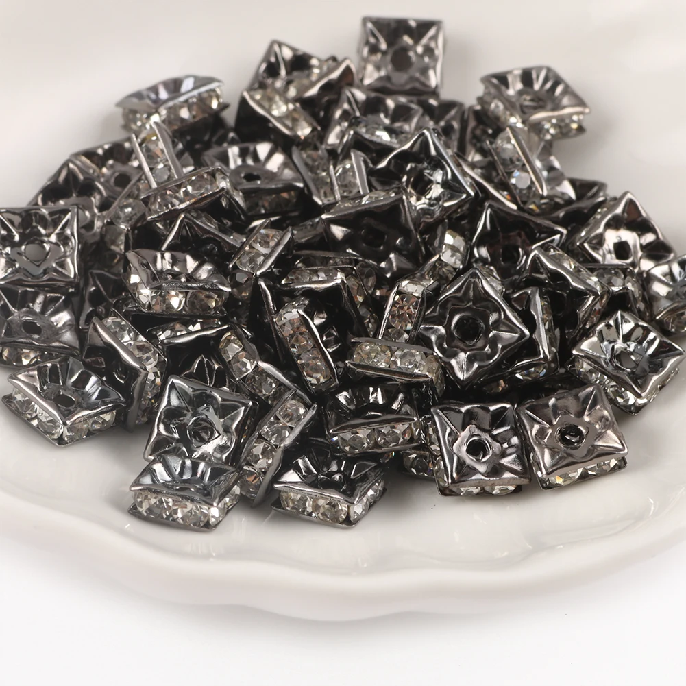 50pcs Square Metal Rhinestone Crystal Rondelle Beads Gold Silver Color 6 8mm Loose Spacer Beads for Jewelry Bracelet Making