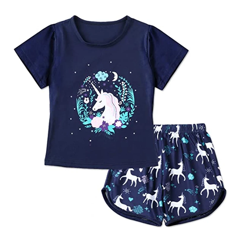 New Sleepwear Unicorn Cotton Pajamas for Girls Short Pants+Sleeve Tops Suits Summer Fashion Home Clothing Baby Kid Sleep Costume