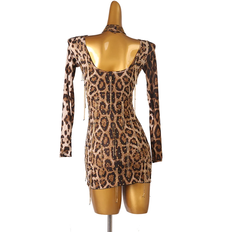 Vestido de baile Latino con purpurina para mujer, traje de baile de competición con flecos para niña, Salsa, leopardo Latino, personalizado, D1151, CACARE