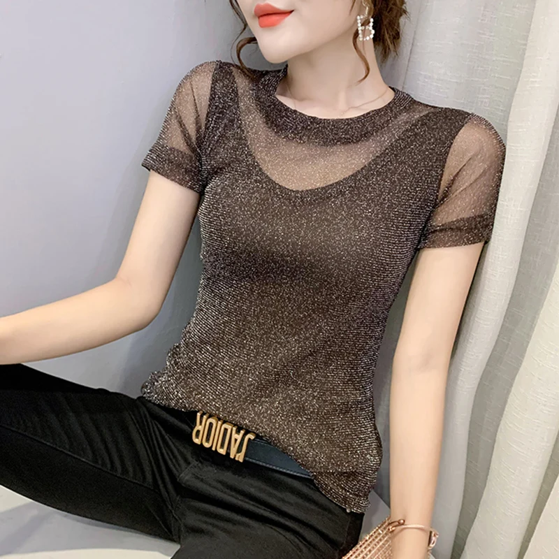 Lucyever Sexy See Through Mesh Women\'s T-shirts Korean Chic Slim Fit Short Sleeve T Shirt Top Female Large Size 3XL Woman Tshirt