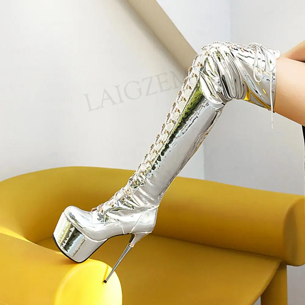 LAIGZEM Women Thigh High Platfrom Boots Wide Calf Friendly 16CM Metal Stiletto High Heels Boots Over Shoes Woman Size 32 42 43