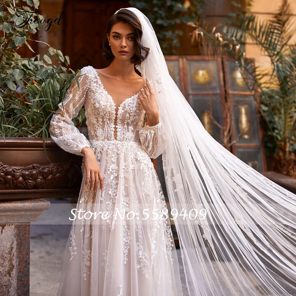 Traugel A-Line Beach Romantic Wedding Dresses O-Neck Puff Long Sleeve Vestido De Novia 3D Flowers Appliques Bridal Gowns