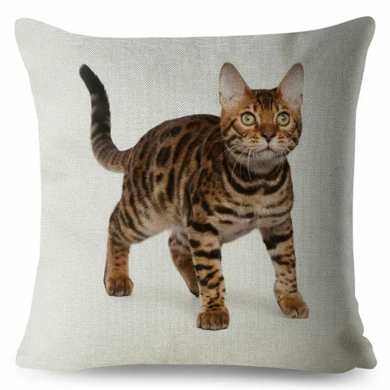 Cute Bengal Cat Print Pillow Cushion Cover Beige Linen Throw Pillows Cases Sofa