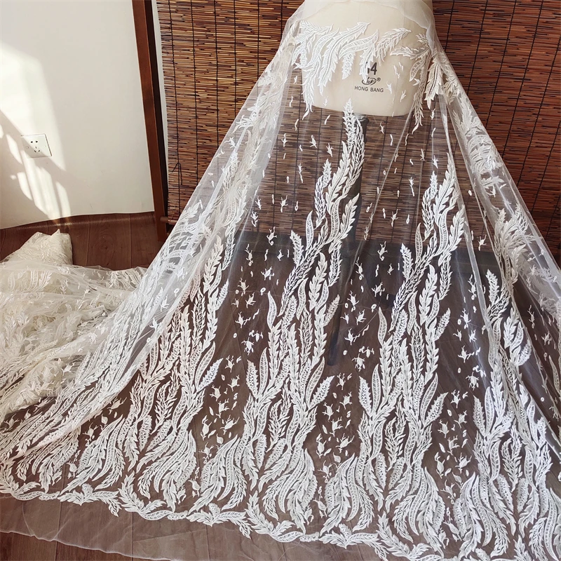 New High Grade Leaf Sequined Lace Soft Yarn Embroidery Clothing Skirt Wedding Dress Fabric Making DIY Auxiliary Materials