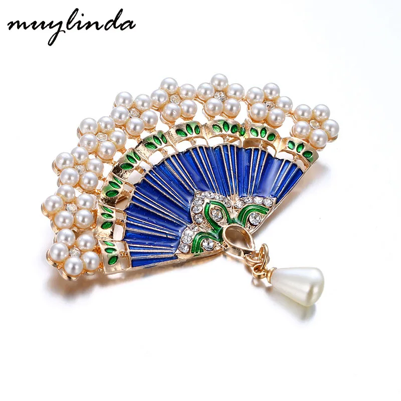 muylinda Retro Enamel Fan Brooches For Women Charm Imitation Pearls Scarf Suit Broche Broach Pins Jewelry Best Gift