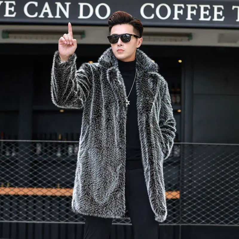 Autumn and Winter New Leather Fur Coat Men's Long Type Youth Casual Trench Coat Warm Imitation Fox Fur Jacket Tide