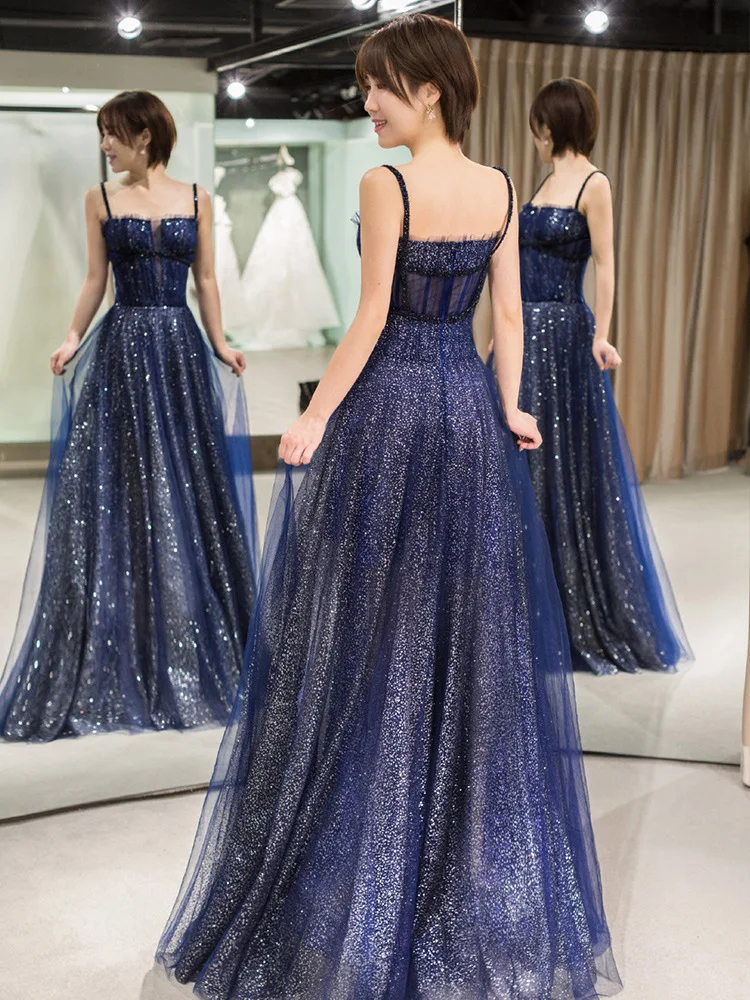 Banquet Noble Slim Evening Dress 2019 New Fashion Sexy Spaghetti Strap Sleeveless Sequins Prom Party Dress a Line Floor Length