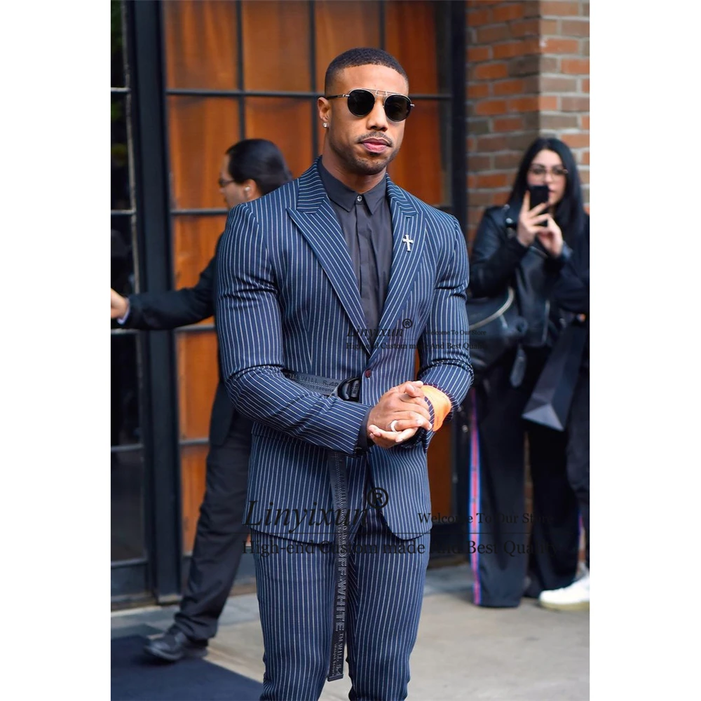 

Navy Blue Stripe Mens Suits For Wedding Slim Fit Groom Tuxedos 2 Pieces Set Business Male Blazer Terno Masculino(Jacket+Pants)