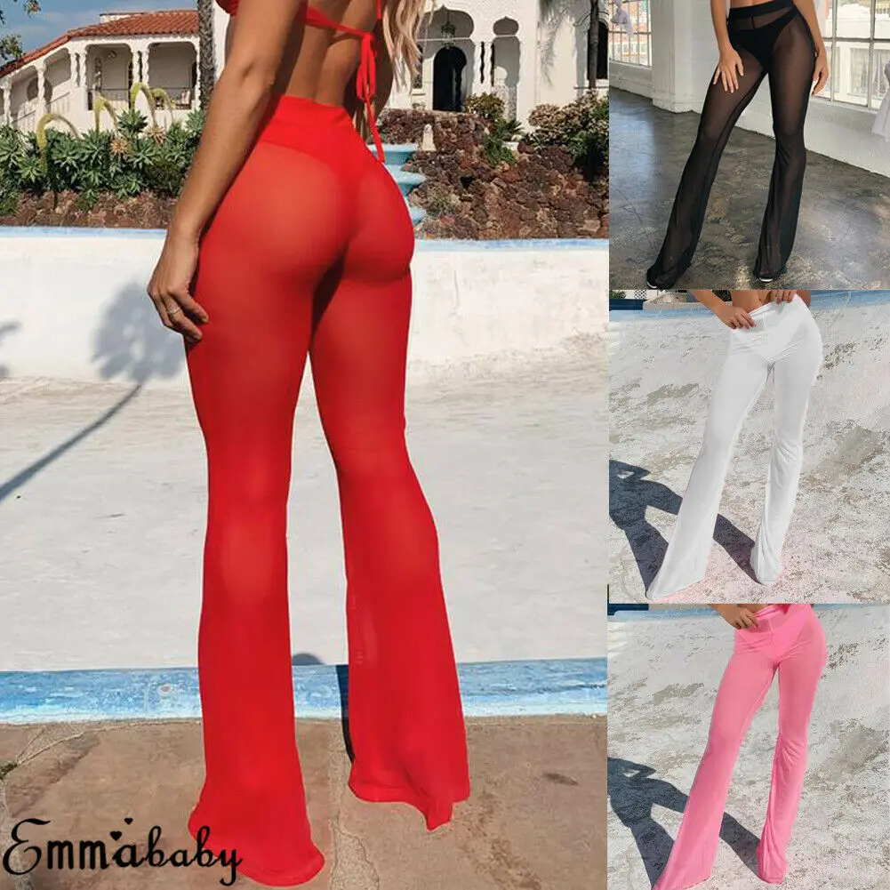 Women Sexy Beach Sheer Mesh See Through Transparent High Elastic Waist Bikini Cover Up Swimwear Bell Bottom Flare Pants Trousers