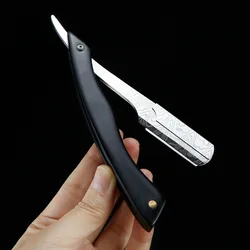 Barber Damascus Pattern Folding Razor Ebony Handle Manual Shaver Straight Edge Stainless Steel Razor Beard Cutter Holder G0104