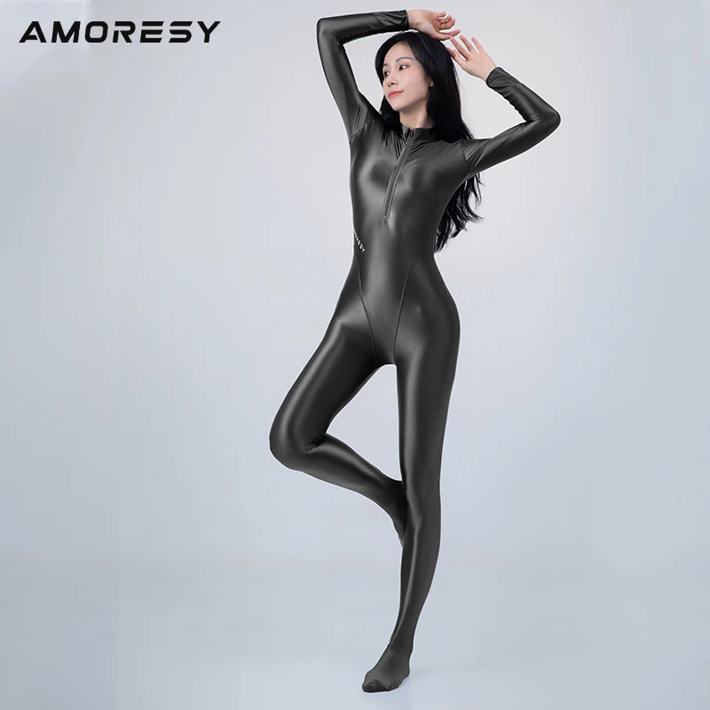 AMORESY new shiny and shiny competitive diving suit one-piece hot spring is thin and even the feet pull forward tight swimsuit