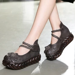 GKTINOO Women Leather High Heels Wedge Shoes Flower 2026 Autumn Pumps Women Genuine Leather Handmade Mary Jane Pumps Platform