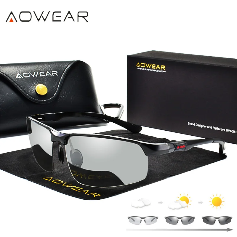 Aowear Mens Fotochrome Gepolariseerde Randloze Zonnebril Mannen Dag Nacht Rijden Chameleon Bril Auto Driver Anti-Glare Eyewear