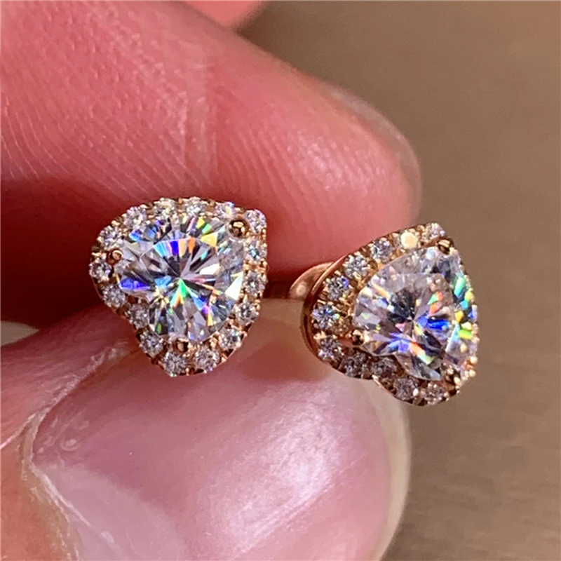 Custom Solid 18K Rose Gold Stud Earrings Women 0.5 1 2 3 Carat Heart Moissanite Diamond Wedding Anniversary Engagement Party