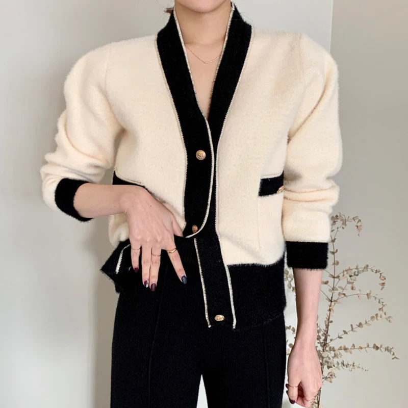 Patchwork Warm Apricot Korean Thick Sweters for Women Oversized Sweater Autumn Knitted Sweater Winter 2021 Black Cardigan Women