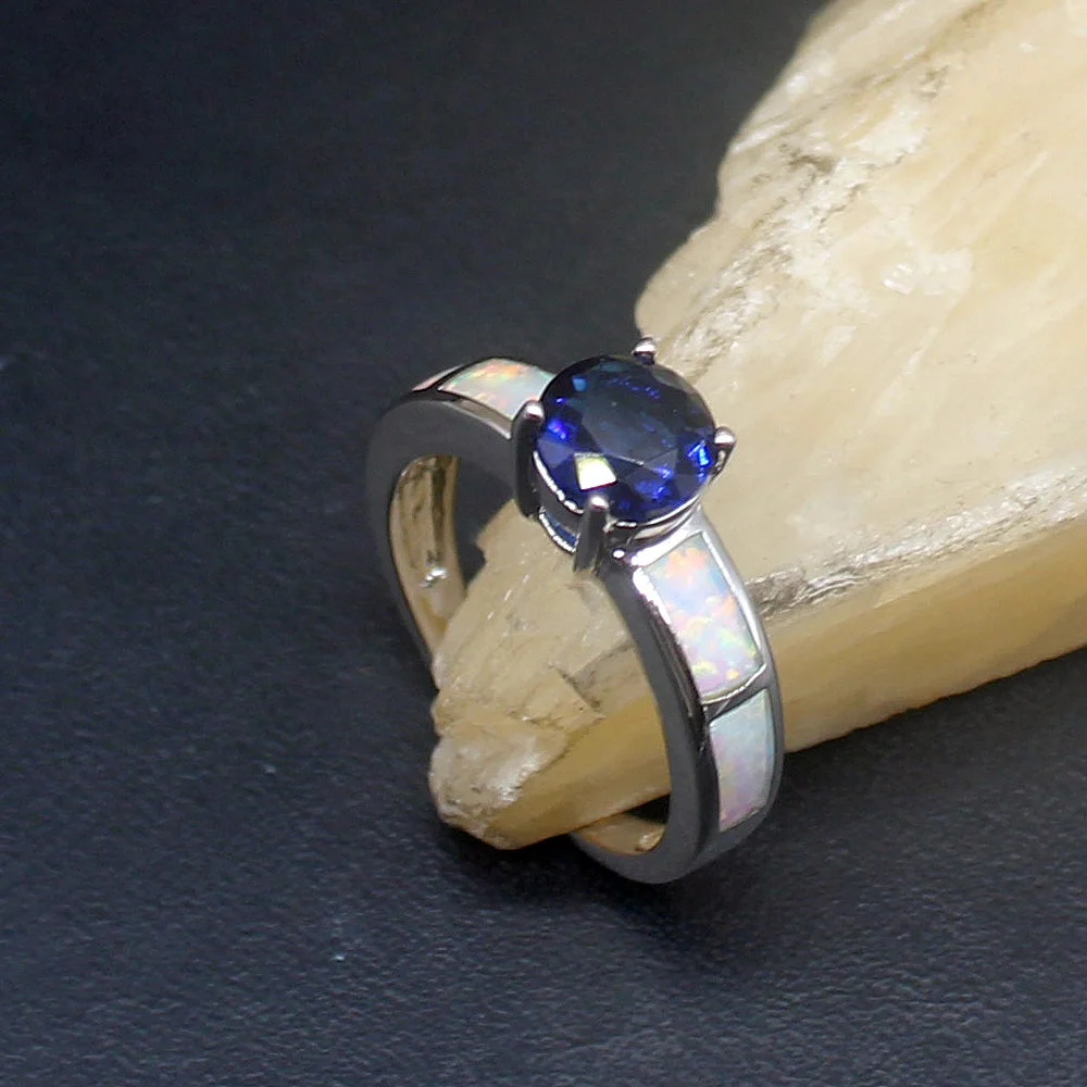 

Hermosa Dashing Opal Blue Sapphire Royal Genuine 925 Silver Band Ring Wedding Engagement Gifts for Women Size 6.5# 20214347