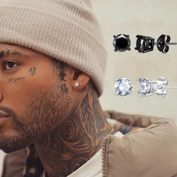 Mens Earrings, Square CZ Stud Earring, Princess Cut Earrings,Stainless Steel Butterfly Push Back Earrings,Man Jewelry