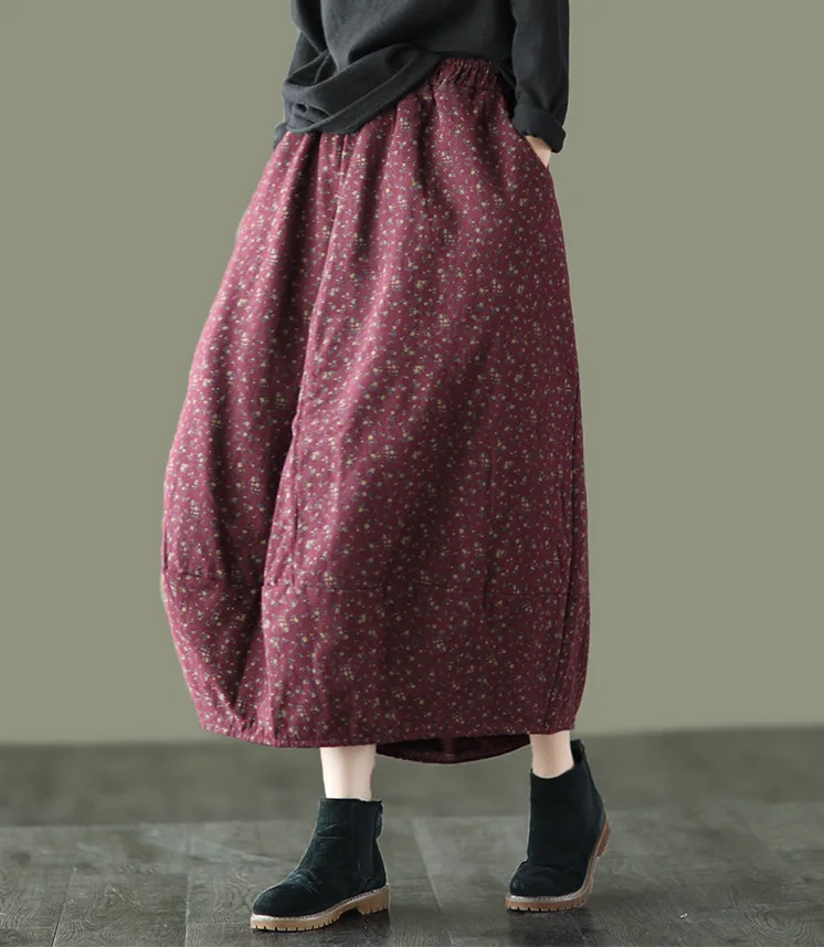 Autumn Spring Skirts Women Retro Print Loose Cotton Thick Female Fashion A-Line Clothing