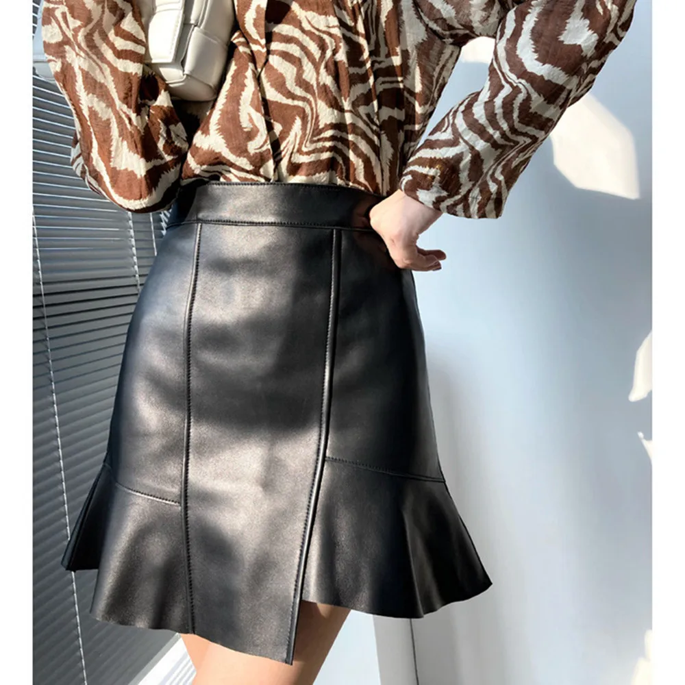 Spring Autumn Women's High-rise Leather Skirt High Quality Genuine Leather Ruffles Fishtail Skirt C232