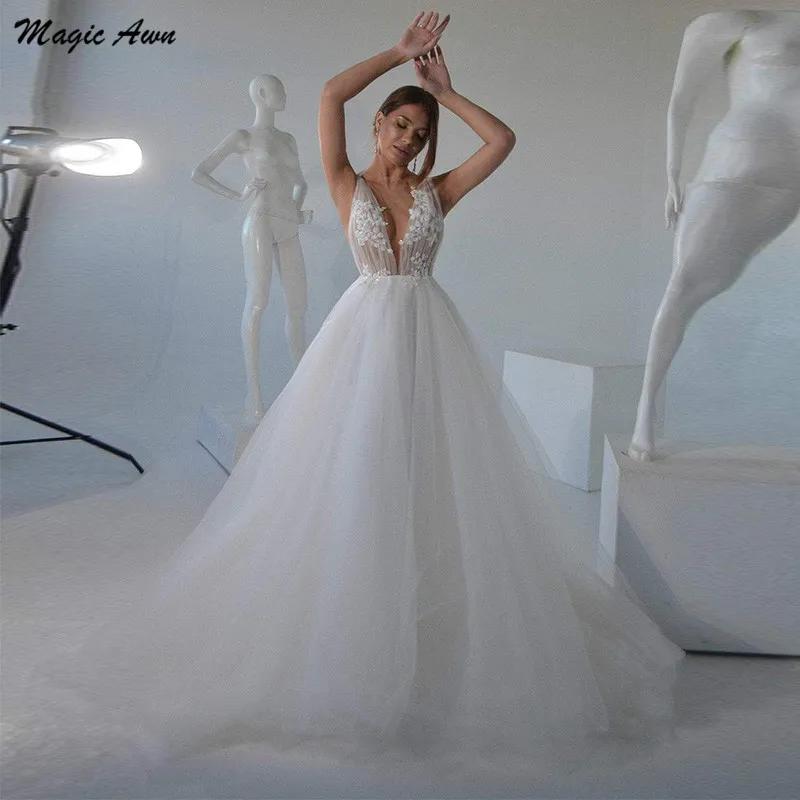 Magic Awn Graceful Soft Tulle abiti Da Sposa 2021 Appliques Illusion Scoop Boho A-Line abiti Da Sposa principessa Abito Da Sposa