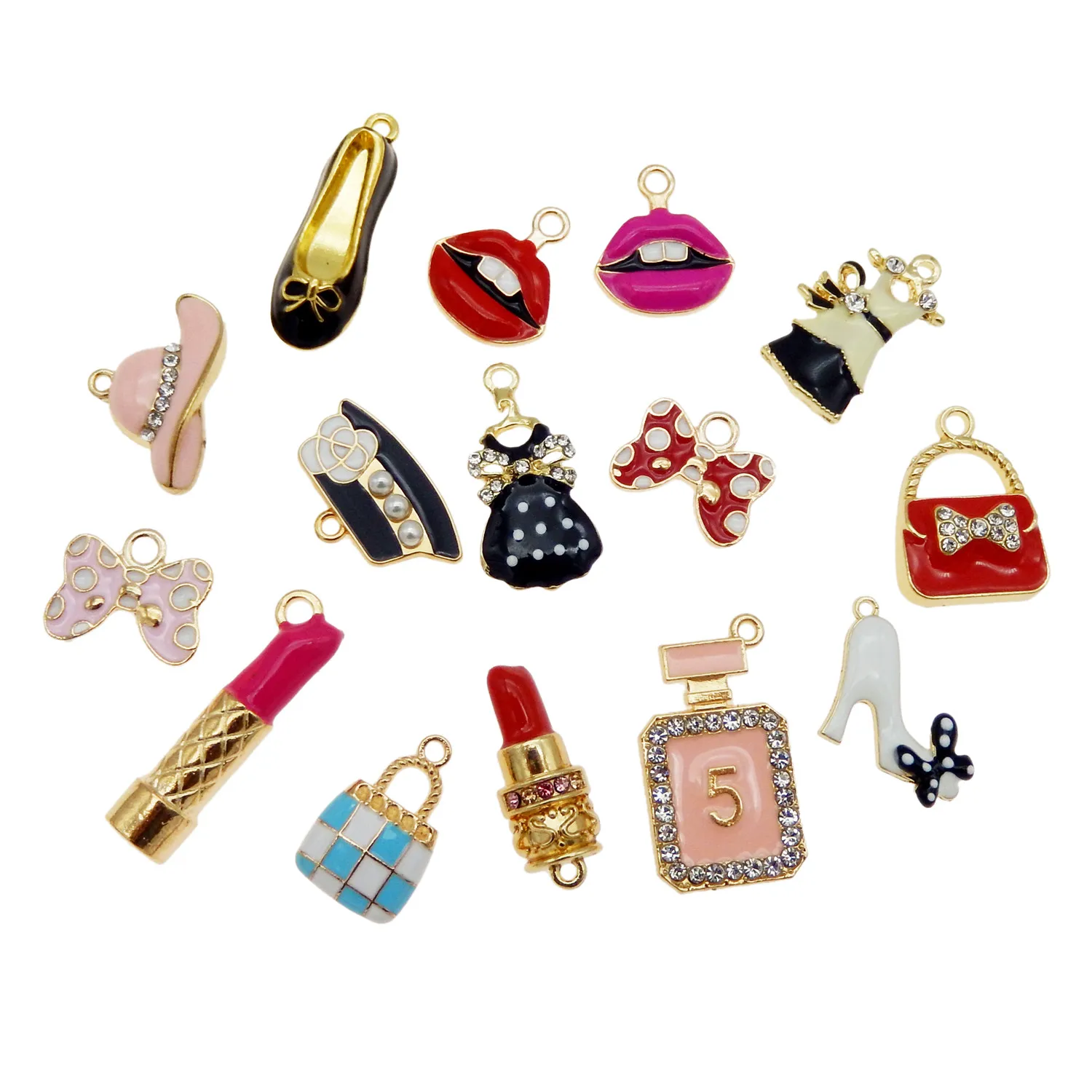 15PCS Classic Charm Enamel Charms Alloy Mixed Girl Lipstick Lip Dress Shoes Necklace Pendant Bracelet Accessory Jewelry Making