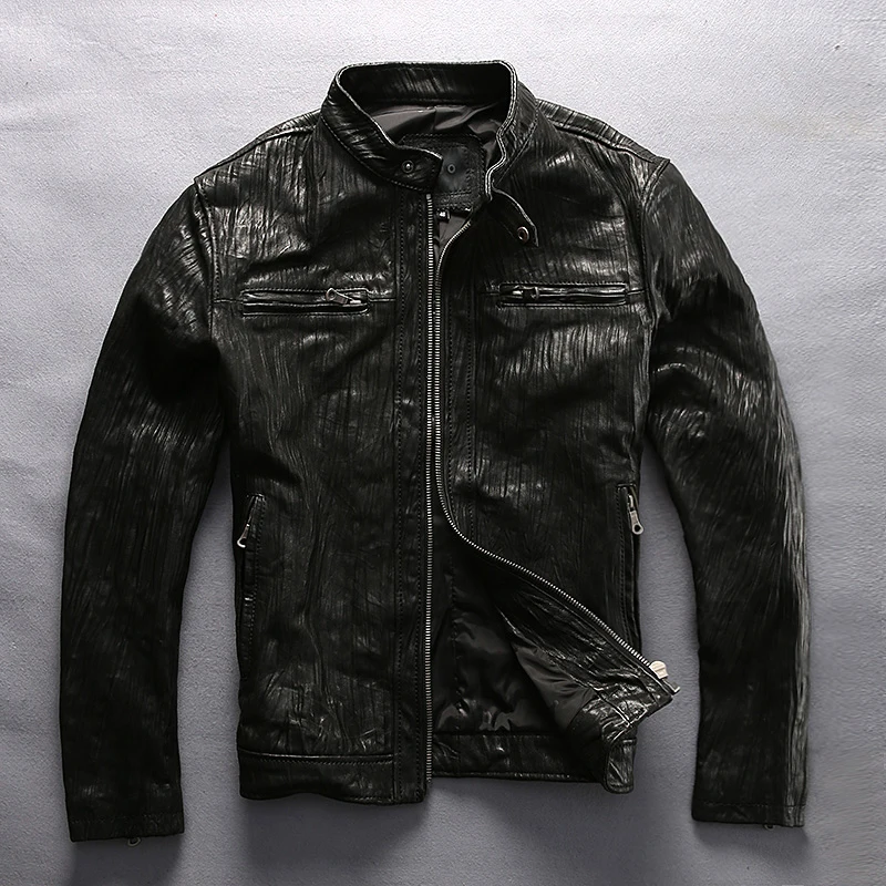 

2019 New Men Vegetable tannin Goatskin Black Genuine Motorcycle leather jacket Fashion Fold Goat Skin Stand collar Casual Jacket