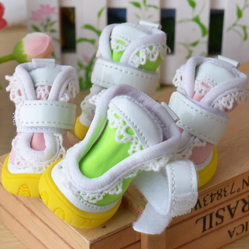 4pcs/set Waterproof Dog Rain Boots Cute Lace Anti-slip Dog Shoes Winter Warm PU Small Dog Booties Snow Boots For Chihuahua Teddy