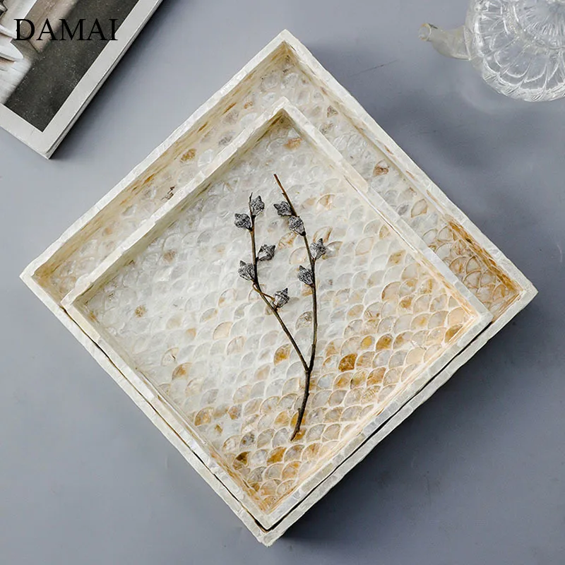 Hand Painted Wood Trays Decorative Natural Color Shell Decoration Tea Set Storage Tray Jewelry Organizer Cosmetic Container