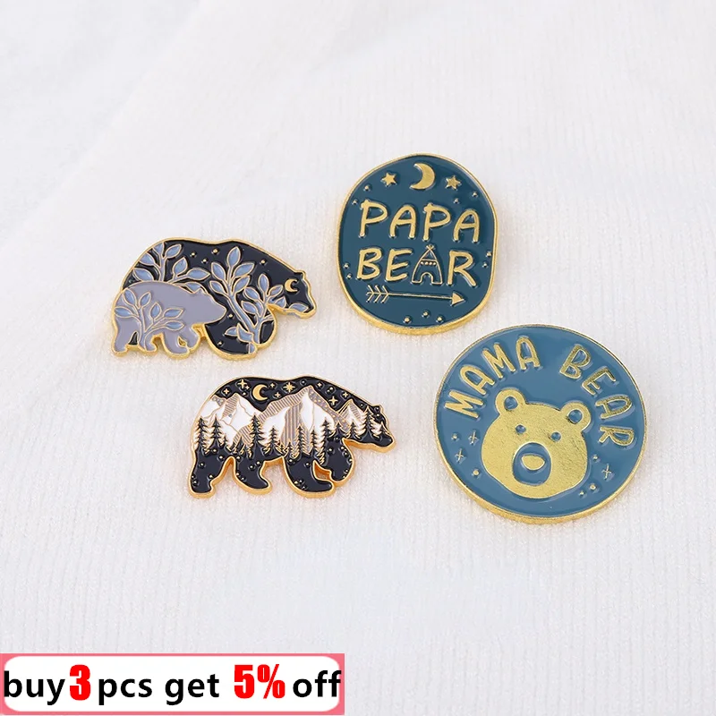 Mama Bear with Cubs Custom Enamel Pins Cute Cartoon Animal Brooch Bear Family Lapel Pin Badge Jewelry Gift for Friends Wholesale