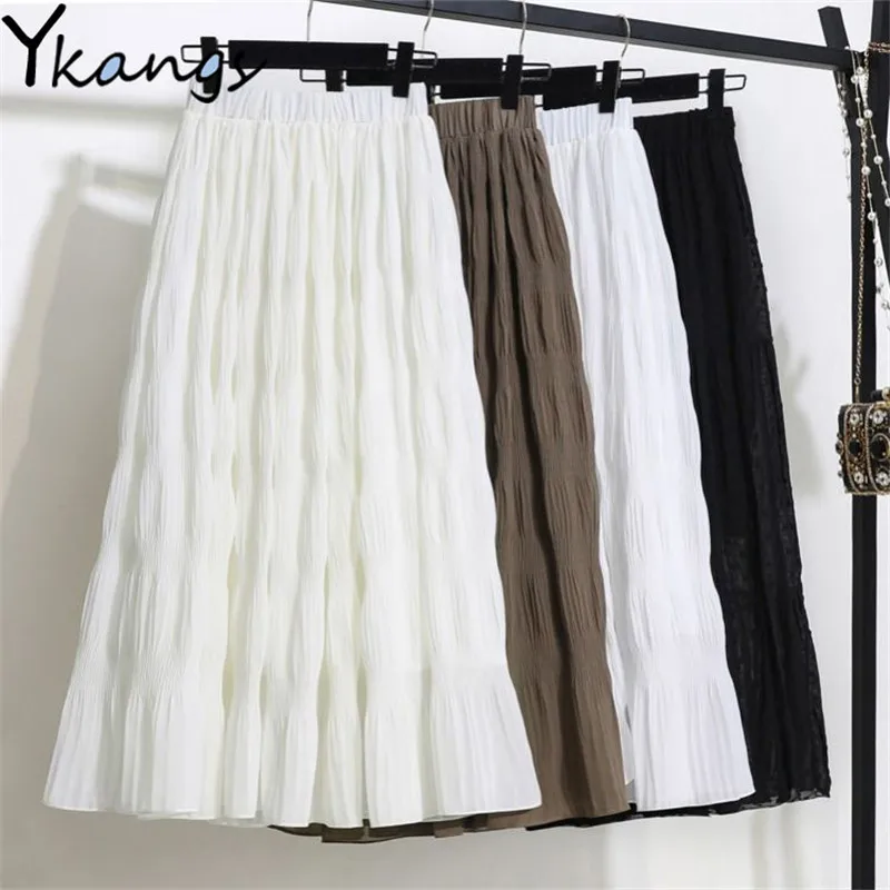 

Plus Size Black Long Skirt Women Stretch High Waist Solid Chiffon A-Line Skirt Casual Pleated midi Skirt Faldas Saias Streetwear