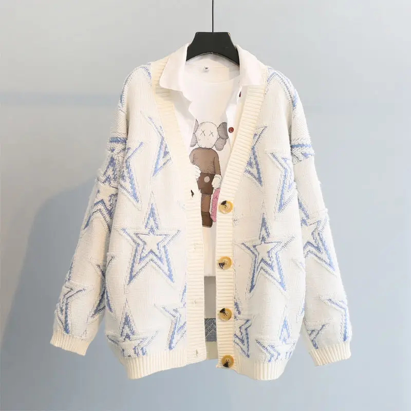 Knitted cardigan sweater coat women's autumn/winter 2023 new Korean style loose embroidered five-pointed star mid-length top