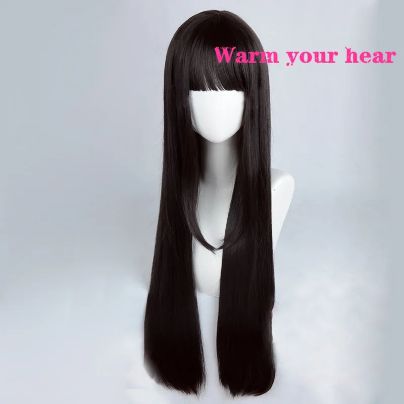 Kurosawa Dia nero marrone lungo 80cm parrucca Cosplay diritta con fasce capelli sintetici resistenti al calore + un cappuccio per parrucca