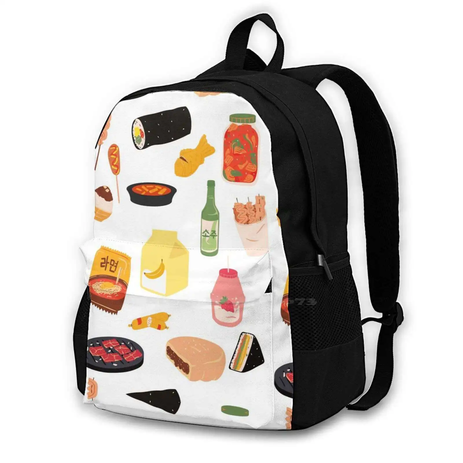 Korean Food 432D Print Design Backpack Student Bag Foodie Korean Food Kimchi Corndog Ramen Soju Red Beans Strawberry Milk