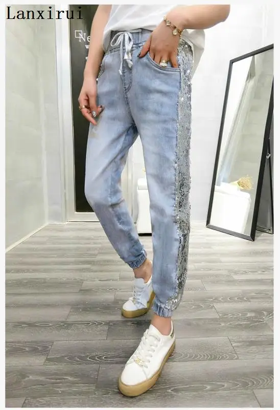 New Women High Waist Jeans Denim Striped Jeans For Female Jeans Pants Blue Patchwork Pants Skinny Jeans 2136