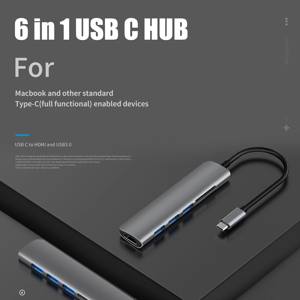 Adaptador USB 3,1 tipo C a HDMI, Hub 4K Thunderbolt 3 con Hub 3,0, ranura para lector SD TF, PD para MacBook Pro/Air/Huawei Mate