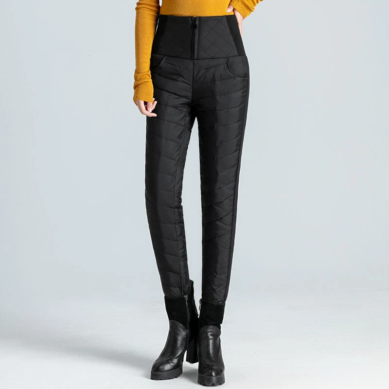 Winter Super High Waist Duck Down Pants Women Thicken Warm Plus Velvet Casual Streetwear Skinny Pencil Pants 4XL Mother trousers