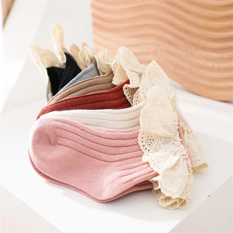 幼児用プリンセスソックス,無地,レース裾,伸縮性,0〜5歳