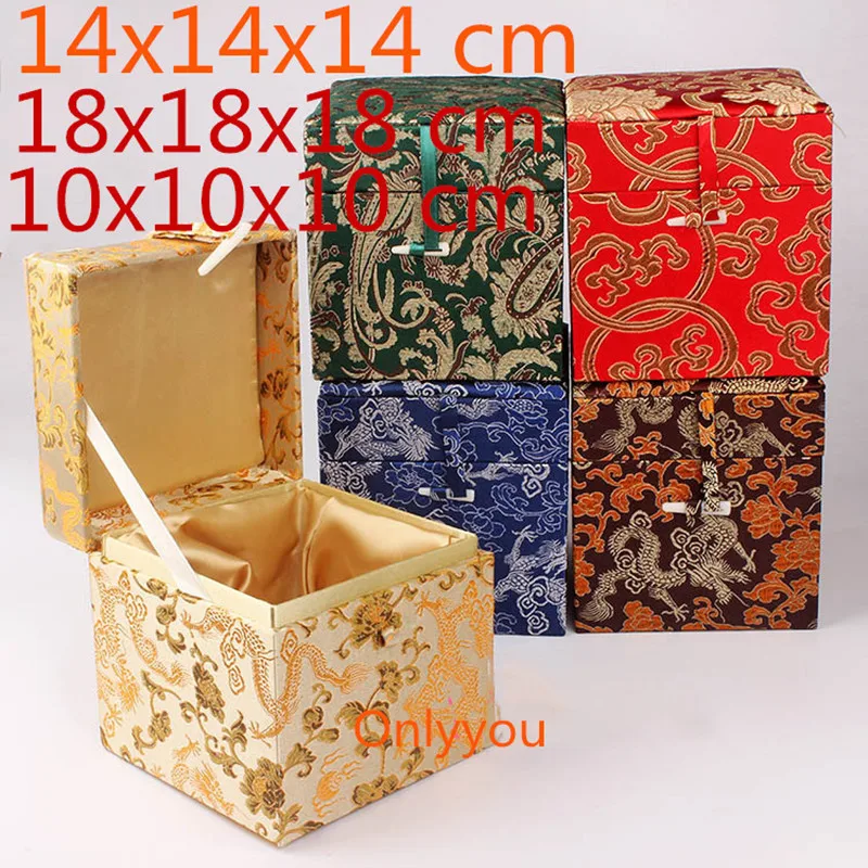 8 10 14 18cm Cube Luxury Cotton Filled Wooden Jewelry Storage Box Office Home Decor Chinese Silk Brocade Stone Collection Case