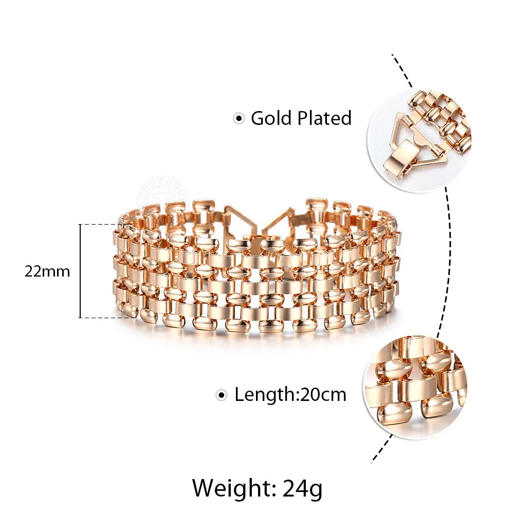 22mm 585 Rose Gold Color Bracelet For Women Vintage Big Bangle Watch Band Chain Party Wedding Jewelry Gifts Wristband LCB43