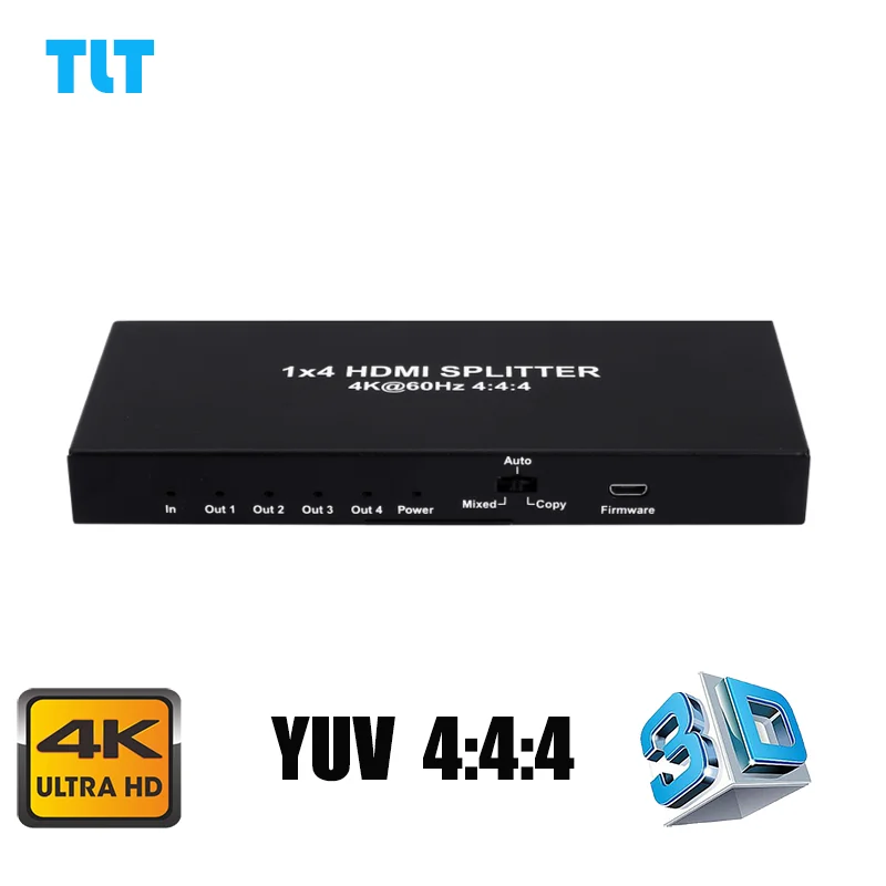 1 في 4 مخرجات hdmi 4 منافذ 1x4 ، مقسم ثلاثي الأبعاد 4k @ 60hz YUV 4:4:4 HDCP2.2 EDID