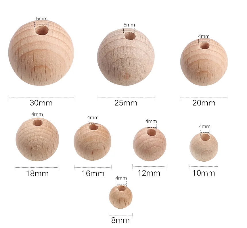 Let\'s Make-Perles Rondes en Bois TeWindsor, à Mâcher, Écologiques, Non Finies, en Hêtre, Bricolage Artisanal, 8-20mm, 100 Pièces