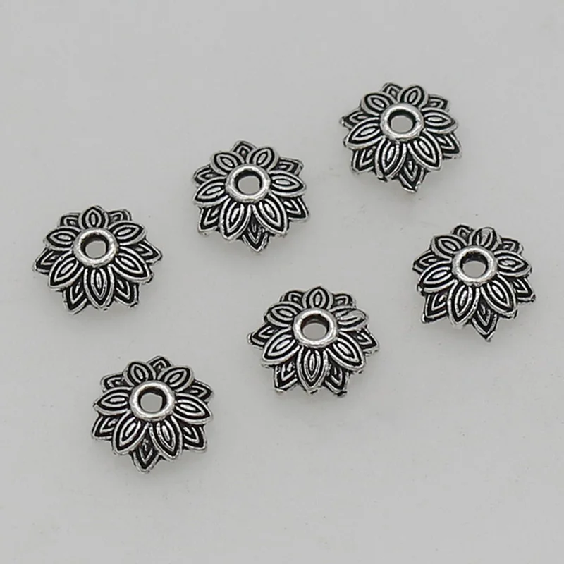 100 sztuk/partia Retro podwójna warstwa kwiatowe czapki z koralikami 8mm dekoracja ręczna stop cynkowy frędzle zaślepka tace DIY biżuteria akcesoria