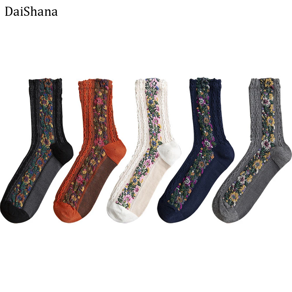 DaiShana 2019 New Fashion Women Socks Warm and Cute Euramerican National Wind-Flowers Autumn and Winter Ladies Cotton Mujer Sock